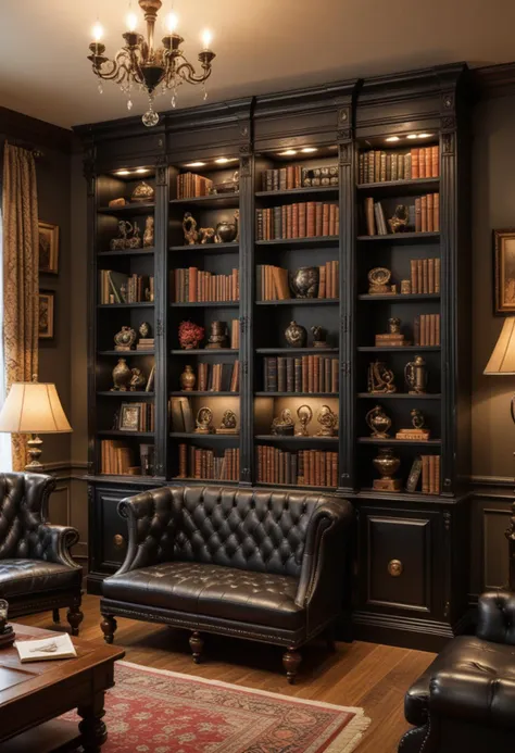 (medium full shot) of (cozy Bookcase) made of leather material, black color, rustic style, space-saving, mirrored surface, lacquer finish, tufted upholstery, located in  a vintage game room, with antique furniture, classic decor, rich textures, warm lighting, Masterpiece,best quality, photo, realistic, very aesthetic,