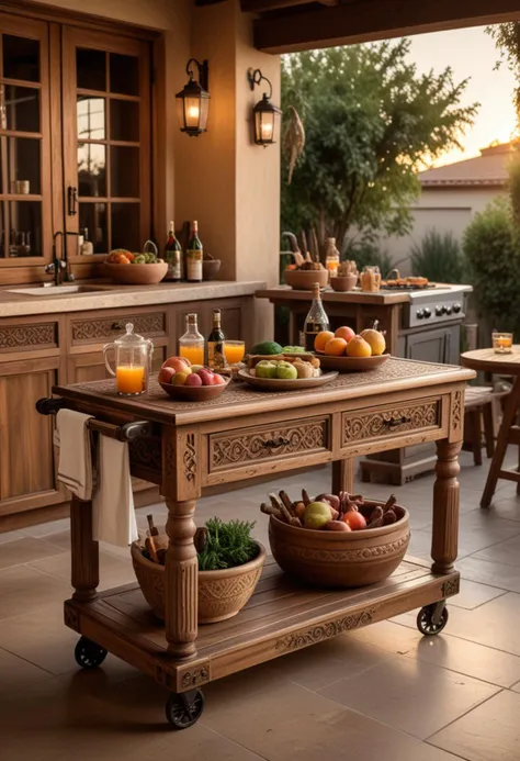 (medium full shot) of (luxurious Kitchen cart) made of wood material, brown color, classic style, convertible, carved legs, distressed finish, engraved patterns, located in  a rustic outdoor patio, with wooden furniture, earthy tones, cozy atmosphere, warm lighting, at sunset, Masterpiece,best quality, photo, realistic, very aesthetic,