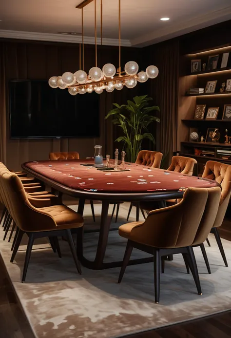 (medium full shot) of (artistic Conference table) made of velvet material, brown color, mid-century style, multi-functional, open shelves, embroidered fabric, tufted upholstery, located in a minimalist game room, with simple furniture, neutral tones, uncluttered space, elegant feel, at night, ,Masterpiece,best quality, raw photo, realistic, very aesthetic