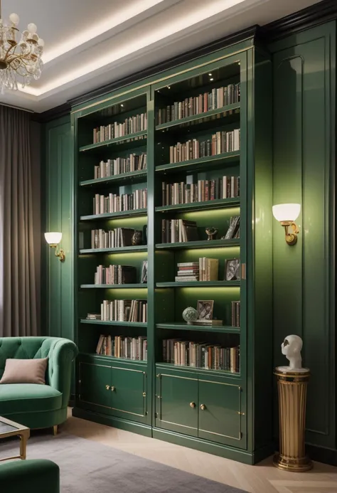 (medium full shot) of (contemporary Bookshelf) made of metal material, green color, art deco style, extendable, glass doors, glossy finish, tufted upholstery, located in  a minimalist library, with simple shelves, neutral tones, uncluttered space, elegant feel, at night, Masterpiece,best quality, photo, realistic, very aesthetic,