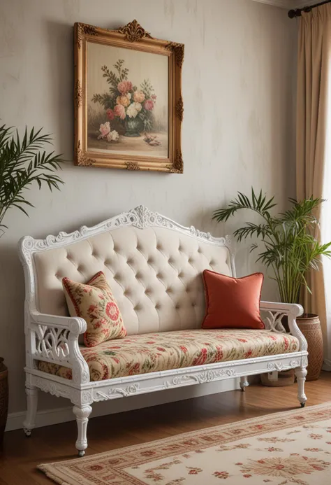 (medium full shot) of (ornate Dining bench) made of bamboo material, white color, modern style, convertible, caster wheels, embroidered fabric, tufted upholstery, located in  a vintage bedroom, with antique bed frame, classic decor, rich colors, elegant furnishings, Masterpiece,best quality, photo, realistic, very aesthetic,