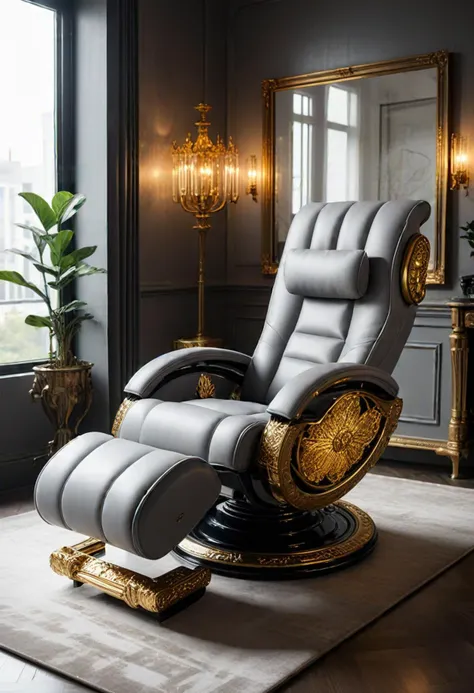 (medium full shot) of (industrial Massage chair) made of acrylic material, grey color, contemporary style, reclining, glass doors, gold leaf, adorned with intricate carvings, located in  a vintage living room, with antique furniture, warm lighting, classic decor, rich textures, ,Masterpiece,best quality, photo, realistic, very aesthetic