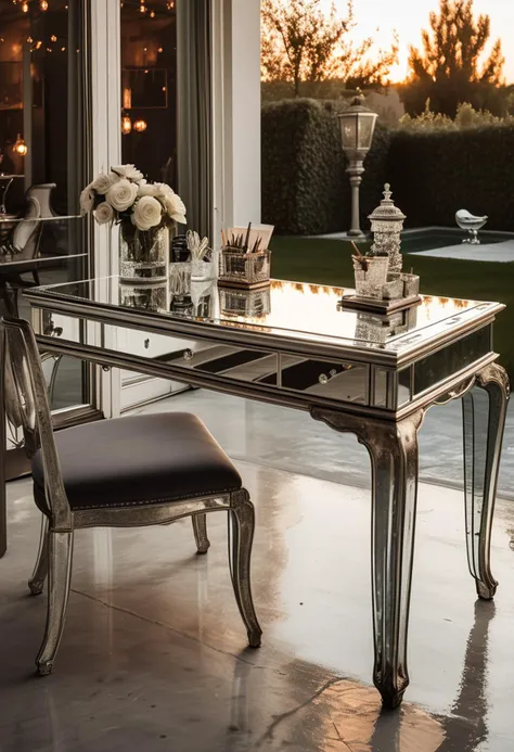 (medium full shot) of (minimalist Desk) made of glass material, silver color, modern style, convertible, mirrored surface, distressed finish, crystal accents, located in  a vintage outdoor patio, with antique furniture, classic decor, rich textures, warm lighting, at sunset, ,Masterpiece,best quality, raw photo, realistic, very aesthetic