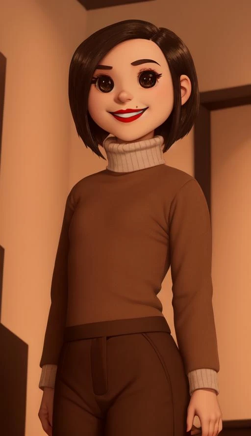 1girl, <lora:Mel_Jones:1>, Dark, straight, short hair, pale skin, round face, button eyes, thin eyebrows, bright red lips with a smile, white turtleneck, large nose, (brown eyes:1.3), standing