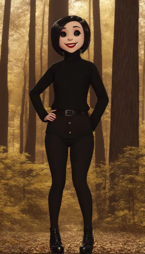 1girl, <lora:Mel_Jones:1>, Dark, straight, short hair, pale skin, round face, button eyes, thin eyebrows, bright red lips with a smile, white turtleneck, large nose, totally black eyes, standing, upper body, forest