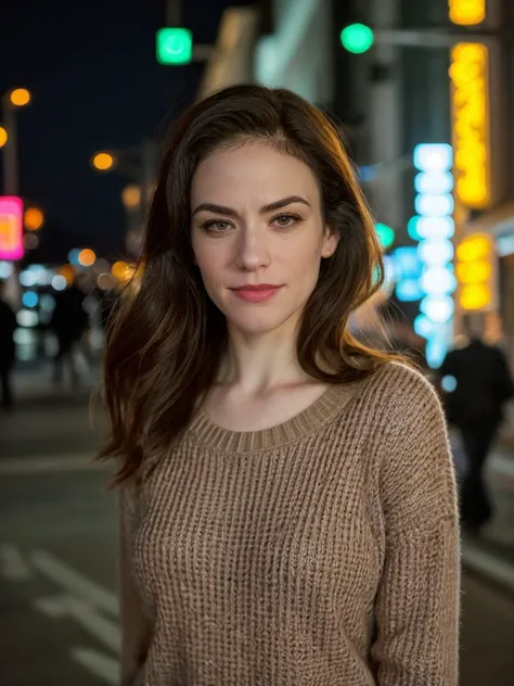 <lora:m4gg13s:1.0> a photo of m4gg13s,close-up,front view,wearing sweater,masterpiece,night,cityscape,neon lights,8k,uhd,soft lighting,city street