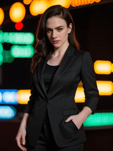 <lora:m4gg13s:1.0> a photo of m4gg13s,close-up,front view,wearing black suit,masterpiece,night,cityscape,neon lights,8k,uhd,soft lighting,city street