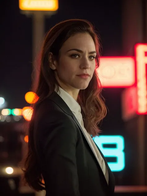 <lora:m4gg13s:1.0> a photo of m4gg13s,close-up,front view,wearing black suit,masterpiece,night,cityscape,neon lights,8k,uhd,soft lighting,city street