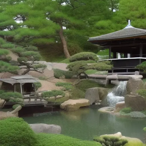 a japanese garden,a pond with a waterfall and a pavilion in the background,(a photo of residence), 8k,hdr,photorealistic photo,award-winning photography, trending on ArtStation, intricate, high detail, cinematic lighting <lora:RCCLYS:1>