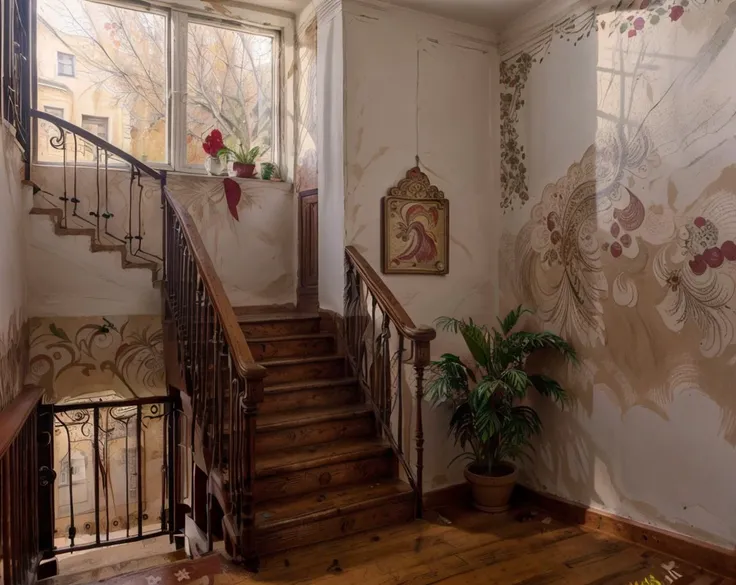 photo, window, staircase, walls, walls painted in khokhloma style,  clean <lora:khokhloma_style:1.0> <lora:podjezd:0.5> <lora:more_details:1.0>   <lora:epiCRealLife:1.0>