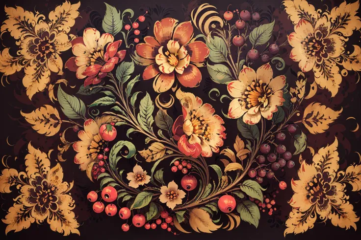 khokhloma style, cranberry, black background <lora:khokhloma_style:0.8>