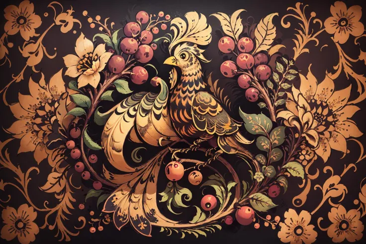 khokhloma style, cranberry, black background <lora:khokhloma_style:0.8>