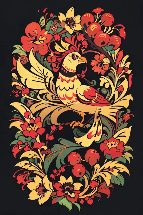 ((best quality)), ((masterpiece)), (detailed), khokhloma style,Firebird, rowanberry,black background <lora:khokhloma_style:0.8>