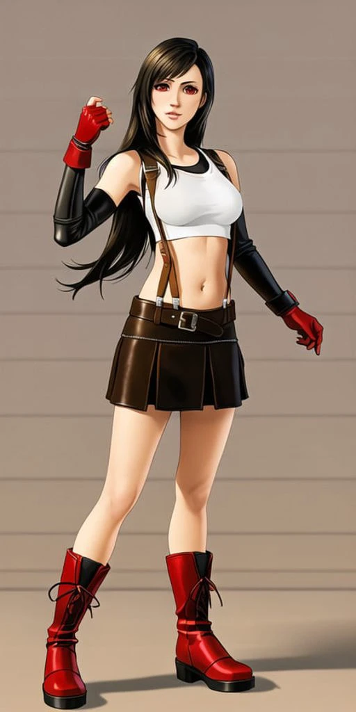 3D, Masterpiece, realistic, best quality, 1girl, long black hair, red eyes, white crop top, black leather skirt, suspenders, red gloves, red boots, tifa_lockhart_remake, fullbody,