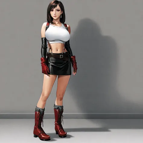 3D, Masterpiece, realistic, best quality, 1girl, black hair, red eyes, big breasts, white crop top, black leather skirt, suspenders, red gloves, red boots, tifa_lockhart, fullbody