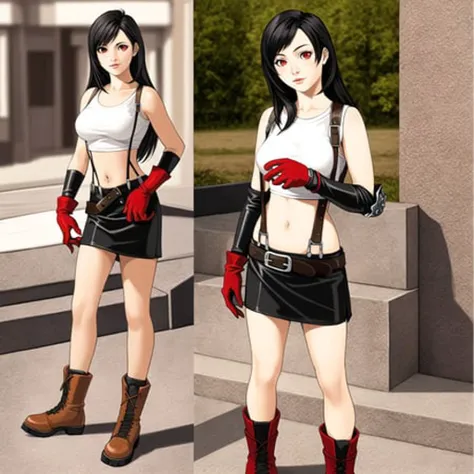 3D, Masterpiece, realistic, best quality, 1girl, long black hair, red eyes, white crop top, black leather skirt, suspenders, red gloves, red boots, tifa_lockhart, fullbody