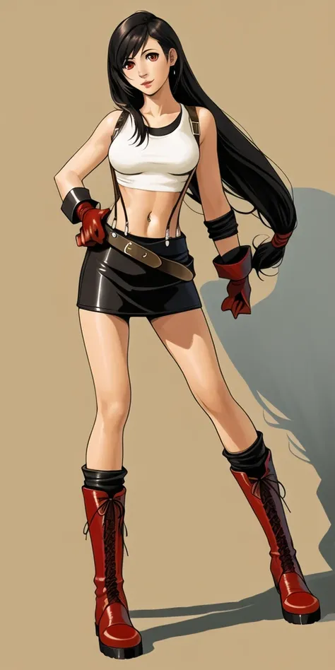 3D, Masterpiece, realistic, best quality, 1girl, long black hair, red eyes, white crop top, black leather skirt, suspenders, red gloves, red boots, tifa_lockhart, fullbody