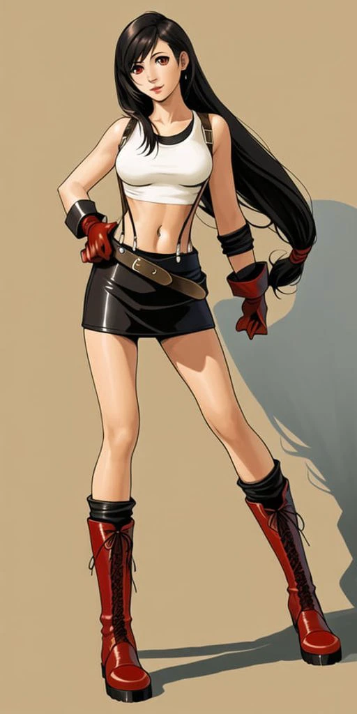3D, Masterpiece, realistic, best quality, 1girl, long black hair, red eyes, white crop top, black leather skirt, suspenders, red gloves, red boots, tifa_lockhart, fullbody