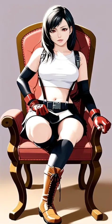 3D, Masterpiece, realistic, best quality, 1girl, long black hair, red eyes, white crop top, black leather skirt, suspenders, red gloves, red boots, tifa_lockhart_remake, fullbody, sitting on a chair
