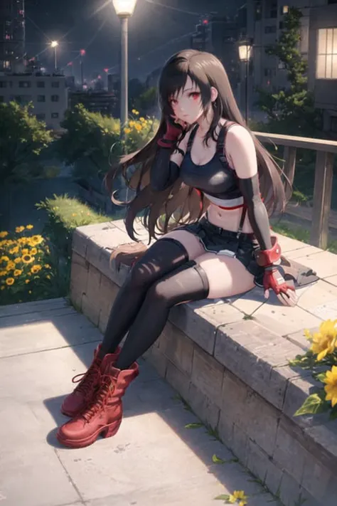 tifa lockhart, mksks style, (very detailed background:1.0), (highly detailed background:1.0), final fantasy vii remake, 1girl, ankle boots, black hair, black skirt, black thighhighs, boots, breasts, cityscape, crop top, elbow gloves, elbow pads, fingerless gloves, full body, gloves, head rest, lips, long hair, looking at viewer, low-tied long hair, medium breasts, nose, red eyes, red footwear, signature, single elbow pad, sitting, skirt, solo, sports bra, suspender skirt, suspenders, tank top, thighhighs, white tank top, midgar, green light, night, yellow flowers, ((((masterpiece)))) <lora:tifa_lockhart:0.6>, <lora:dpep2 768:0.7>
