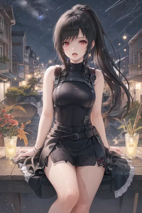 tifa lockhart, mksks style, (very detailed background:1.0), (highly detailed background:1.0), final fantasy vii remake, (red eyes), 1girl, bare shoulders, aqua dress, black hair, green dress, sleeveless dress , sundress, house, long hair, night, night sky, open mouth, outdoors, ponytail, sitting, sky, sleeveless, sleeveless dress, star (sky), starry sky, town, aged down, small breasts, ((white frills)), (white dress), <lora:tifa_lockhart:0.6>, <lora:dpep2 768:0.7>