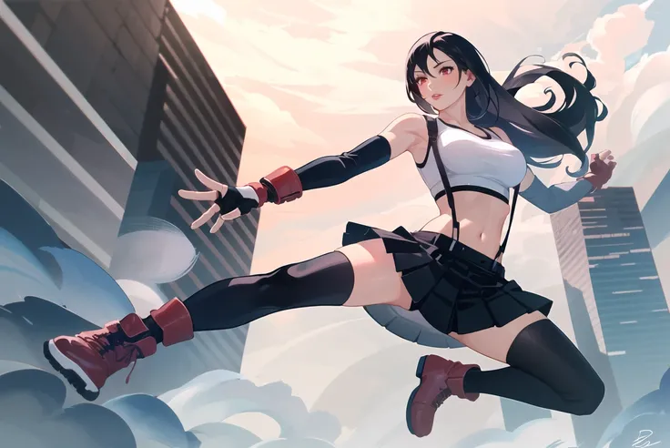 tifa lockhart, final fantasy vii remake, 1girl, ankle boots, black hair, black skirt, black thighhighs, boots, breasts, cityscape, crop top, elbow gloves, elbow pads, fingerless gloves, full body, gloves, lips, long hair, low-tied long hair, medium breasts, nose, red eyes, red footwear, signature, single elbow pad, skirt, solo, sports bra, suspender skirt, suspenders, tank top, thighhighs, white tank top, flying kick, ((masterpiece))
<lora:tifa_lockhart:0.6>