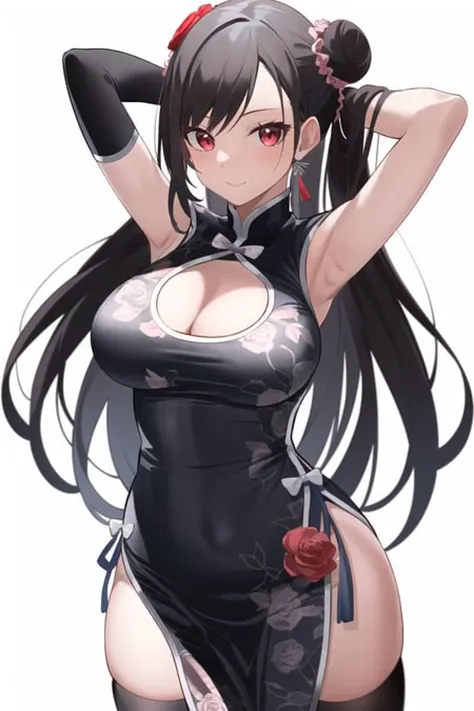 tifa lockhart, final fantasy vii remake, 1girl, animal print, arm behind head, bangs, bare arms, black hair, bow, breasts, china dress, chinese clothes, cleavage, cleavage cutout, clothing cutout, cowboy shot, dress, flower, grey bow, grey dress, grey thighhighs, hair bun, hand in own hair, high collar, large breasts, looking at viewer, official alternate costume, pelvic curtain, red eyes, red flower, red rose, rose, scrunchie, solo, thighhighs, tifa lockhart's sporty dress, white background, wrist scrunchie
<lora:tifa_lockhart:0.6>