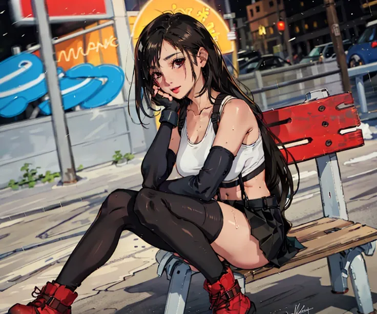 1girl,tifa lockhart, small eyes,  tifa lockhart, ankle boots, black hair, black skirt, black thighhighs, boots, breasts, cityscape, crop top, elbow gloves, elbow pads, fingerless gloves, full body, gloves, head rest, lips, long hair, looking at viewer, low-tied long hair, medium breasts, nose, red eyes, red footwear, signature, single elbow pad, sitting, skirt, solo, sports bra, suspender skirt, suspenders, tank top, thighhighs, white tank top, ((masterpiece)), city scene, sitting on the bench,raining, wet
