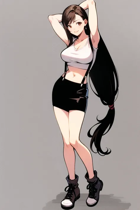nomura tetsuya, tifa lockhart, final fantasy vii, 1girl, bare shoulders, black skirt, breasts, brown eyes, brown hair, crop top, large breasts, long hair, low-tied long hair, midriff, miniskirt, navel, simple background, skirt, solo, arms behind head, suspenders, white background, ((masterpiece)), full body,
<lora:tifa_lockhart:0.6> <lora:nomura_tetsuya:0.3>
