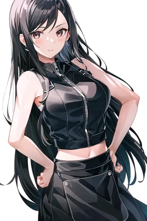 tifa lockhart, (final fantasy vii advent children), 1girl, arm ribbon, zipper, bare shoulders, black hair, breasts, closed mouth, crop top, earrings,hand on hip, jewelry, large breasts, long hair, midriff peek, navel, red eyes, ribbon, shirt, simple background, sleeveless, sleeveless shirt, solo, white background, black apron, ((bare arms)), white zipper, brown eyes,
<lora:tifa_lockhart:0.6>
