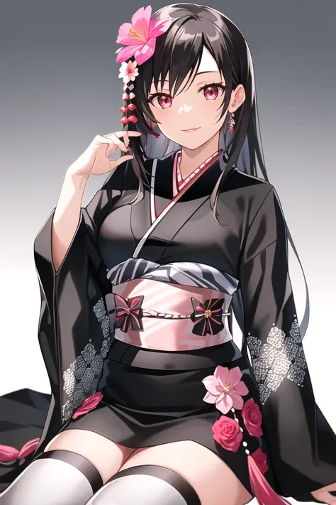 tifa lockhart, final fantasy vii remake, 1girl, alternate costume, black hair, black kimono, black thighhighs, bow, breasts, closed mouth, flower, hair flower, hair ornament, hand up, japanese clothes, kimono, lips, long hair, looking at viewer, obi, official alternate costume, pink flower, red eyes, sash, sitting, smile, solo, tassel, thighhighs, tifa lockhart's exotic dress, wide sleeves, zettai ryouiki
<lora:tifa_lockhart:0.6>