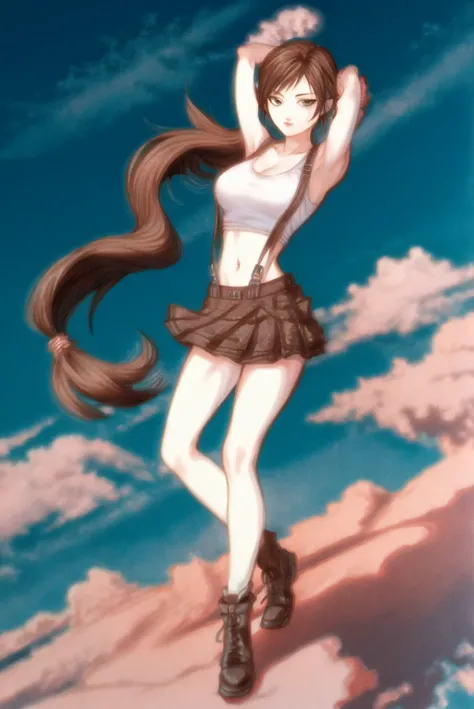amano yoshitaka, tifa lockhart, final fantasy vii, 1girl, bare shoulders, black skirt, breasts, brown eyes, brown hair, crop top, large breasts, long hair, low-tied long hair, midriff, miniskirt, navel, simple background, skirt, solo, arms behind head, suspenders, sky, ((masterpiece)), full body, 

<lora:tifa_lockhart:0.6>  <lora:amano_yoshitaka-000055:0.8>