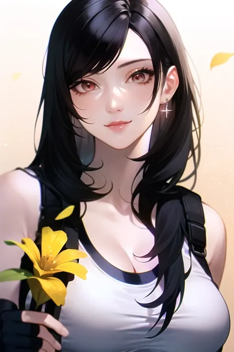 tifa lockhart, final fantasy vii remake, 1girl, bangs, bare shoulders, black gloves, black hair, black sports bra, breasts, red eyes, closed mouth, earrings, elbow gloves, eyelashes, fingerless gloves, flower, gloves, holding, holding flower, jewelry, large breasts, light particles, lips, long hair, looking at viewer, single earring, smile, solo, sports bra, swept bangs, tank top, undershirt, upper body, white tank top, yellow flower

<lora:tifa_lockhart:0.6>