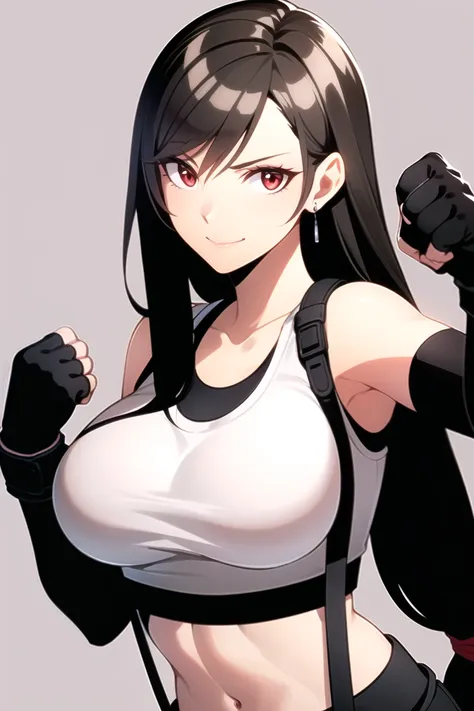 tifa lockhart, final fantasy vii remake, 1girl, bangs, bare shoulders, black bra, black gloves, black hair, bra, breasts, clenched hands, crop top, earrings, elbow gloves, elbow pads, fighting stance, fingerless gloves, gloves, grey background, hair between eyes, jewelry, large breasts, light smile, long hair, materia, midriff, red eyes, shirt, sleeveless, sleeveless shirt, solo, suspenders, tank top, underwear, upper body, white shirt, white tank top
<lora:tifa_lockhart:0.6>