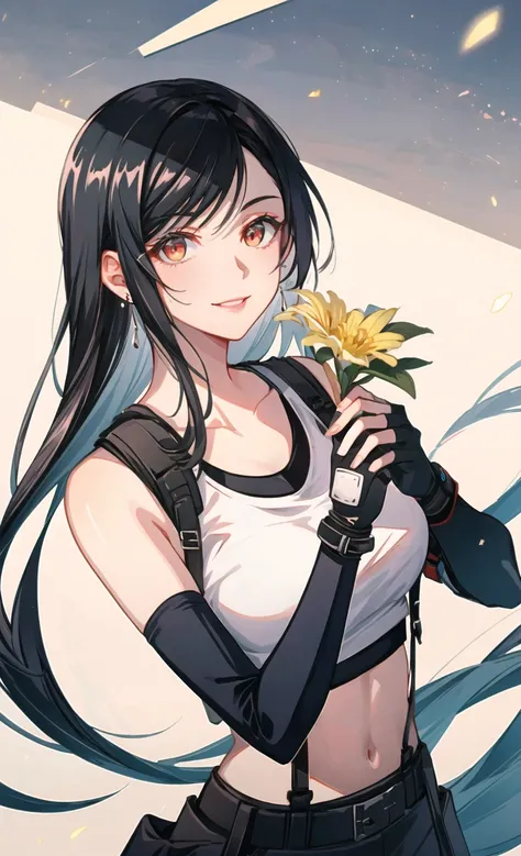 tifa lockhart, final fantasy vii remake, 1girl, bangs, bare shoulders, black gloves, black hair, black sports bra, breasts, red eyes, closed mouth, earrings, elbow gloves, eyelashes, fingerless gloves, flower, gloves, holding, holding flower, jewelry, large breasts, light particles, lips, long hair, looking at viewer, single earring, smile, solo, sports bra, swept bangs, tank top, undershirt, upper body, white tank top, yellow flower, (masterpiece), (best quality), (ultra-detailed), (best illustration), (best shadow), (an extremely delicate and beautiful)
<lora:tifa_lockhart:0.6> <lora:dpep2ep2:0.3>