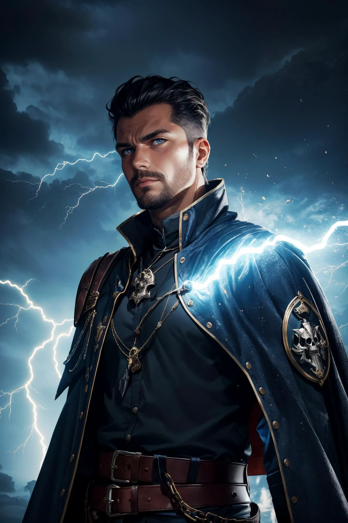 maximum details, cinematic, (abstract art:1.1), dark theme, <lora:add_detail:0.5>, <lora:epi_noiseoffset2:0.5>,
(1man, muscular adult czech male:1.2), grey-blue eyes, brown hair, pompadour,
(style-rustmagic:0.8), looking away, solo, upper body, detailed background, (<lora:ldv2:0.6>, glowing, white, Lightning theme:1.1), musketeer, silver trimmed elaborate intricate padded leather clothes, cape, straps, belts, skull symbols, pockets, imperial seal, flasks, gunpowder, chains, dark cellar in background, autumn, occult atmosphere, dark lighting, shadows, warhammer dark fantasy,