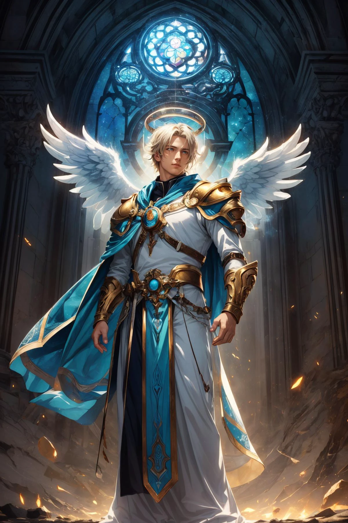 maximum details, cinematic, (abstract art:1.1), <lora:add_detail:0.5>, <lora:epi_noiseoffset2:0.5>,
(1man, thin adult male:1.2), ruby eyes, blonde hair, mutton chops,
Style-GravityMagic, solo, full body, detailed background, detailed face, (<lora:ZonaiAIv8:0.6>, ZonaiAI theme:1.1), glowing eyes, (angel of death:1.05), wearing light blue themed armor, cape,, serene calmness, ethereal hair, raised hand, emanating ethereal energy, glowing halo of light above head, gloria, ancient prophecy, stained glass window in background, soft ethereal lighting, gentle breeze, epic atmosphere,