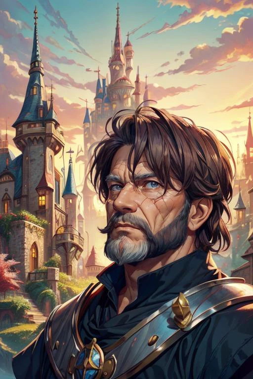 maximum details, cinematic, (abstract art:1.1), dark theme, deep shadow, <lora:add_detail:0.5>, <lora:epi_noiseoffset2:0.5>,
(1man, wrinkled face, old male:1.2), frail, ruby eyes, light brown hair, fade with beard,
portrait, solo, half shot, looking up, detailed background, detailed face, (<lora:CulturePunkBundle-000007:0.5>, fairytaleai, fairytale theme:1.1), footsoldier, guarding, vigilant, brass armor, gauntlets, emblem, tower in background, fortified, sunset, medieval atmosphere,