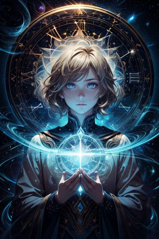 maximum details, cinematic, (abstract art:1.1), dark theme, stylized, <lora:add_detail:0.5>, <lora:epi_noiseoffset2:0.5>,
(1man, masculine adult male:1.2), hazel eyes, natural blonde hair, shaved head,
portrait, solo, upper body, looking away, detailed background, detailed face, (<lora:ChronomancyAI:0.5>, ChronomancyAI, chronomancy theme:1.1) (glowing eyes:1.05), star sorcerer, zodiac, at peace, calm, scorpio, esoteric geometric patterns, celestial power, stars, bright colorful lights, aura, bloom, transcendence, floating particles, stardust, cosmic space background, otherworldly ethereal atmosphere,