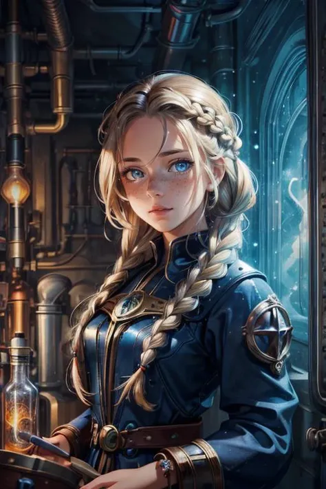 maximum details, cinematic, (abstract art:1.1), deep shadow, <lora:add_detail:0.5>, <lora:epi_noiseoffset2:0.5>,
1 girl, adult woman, freckles, light blue eyes, medium blonde braided hairstyle,
portrait, looking at viewer, solo, upper body, detailed background, detailed face, (teslapunkai, renaissance theme:1.1), medieval alchemist, goggles, alchemy laboratory in background, metal container, tubes, vials, potion, small (flame:0.7), blueprint, alchemical fomula, magical fantasy atmosphere, metaphysics,
<lora:StarDust:0.6>,