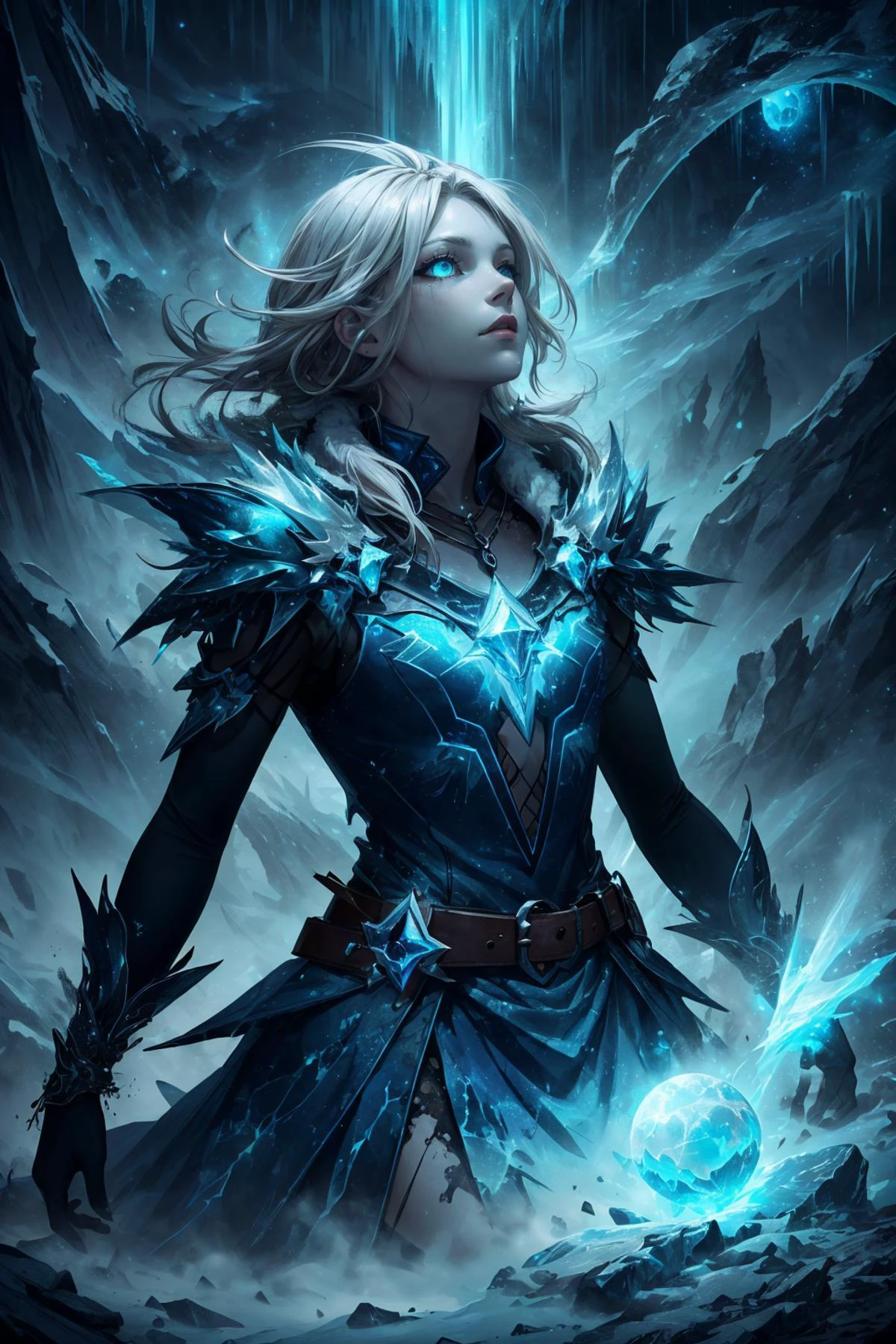 maximum details, cinematic, (abstract art:1.1), stylized, deep shadow, <lora:add_detail:0.5>, <lora:epi_noiseoffset2:0.5>,
1 girl, adult (elven:0.7) woman, hazel eyes, blonde hair flaps,
(style-swirlmagic:0.8), solo, (full body:0.6), looking up, detailed background, detailed face, (<lora:EntropyMagic:0.6> fantasy, dissolving, decay, entropymagic theme:1.1), glowing eyes, ice mage, wearing elaborate blue-white sorcerer vest, belt, enchanted orb of winter, enchanted jewel pendant, chilled confidence, eternal winter, controlling ice, enveloped by frosty power, enchanted inscriptions, sleet storm in background, aurora borealis, early morning frost, serene atmosphere,