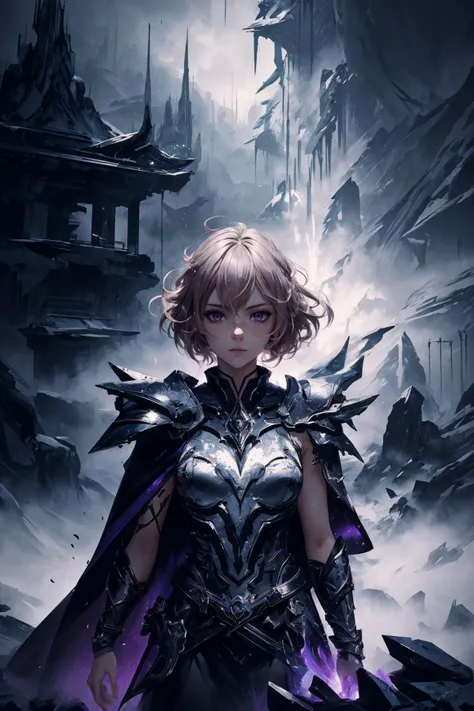 maximum details, cinematic, abstract art, deep shadow, <lora:add_detail:0.5>, <lora:epi_noiseoffset2:0.5>,
1 girl, adult (elven:0.7) woman, pink eyes, light blonde short hair,
portrait, solo, half shot, detailed background, detailed face, (<lora:EntropyMagic:0.6> dissolving, entropymagic theme:1.1), purple winter warrior, stern expression, dynamic pose, magical armor, cape, cold, icy background, stone temple in background low light, dark night, cinematic atmosphere,
<lora:Volumetric Lighting-000018:0.3>, volumetric lighting, backlight,