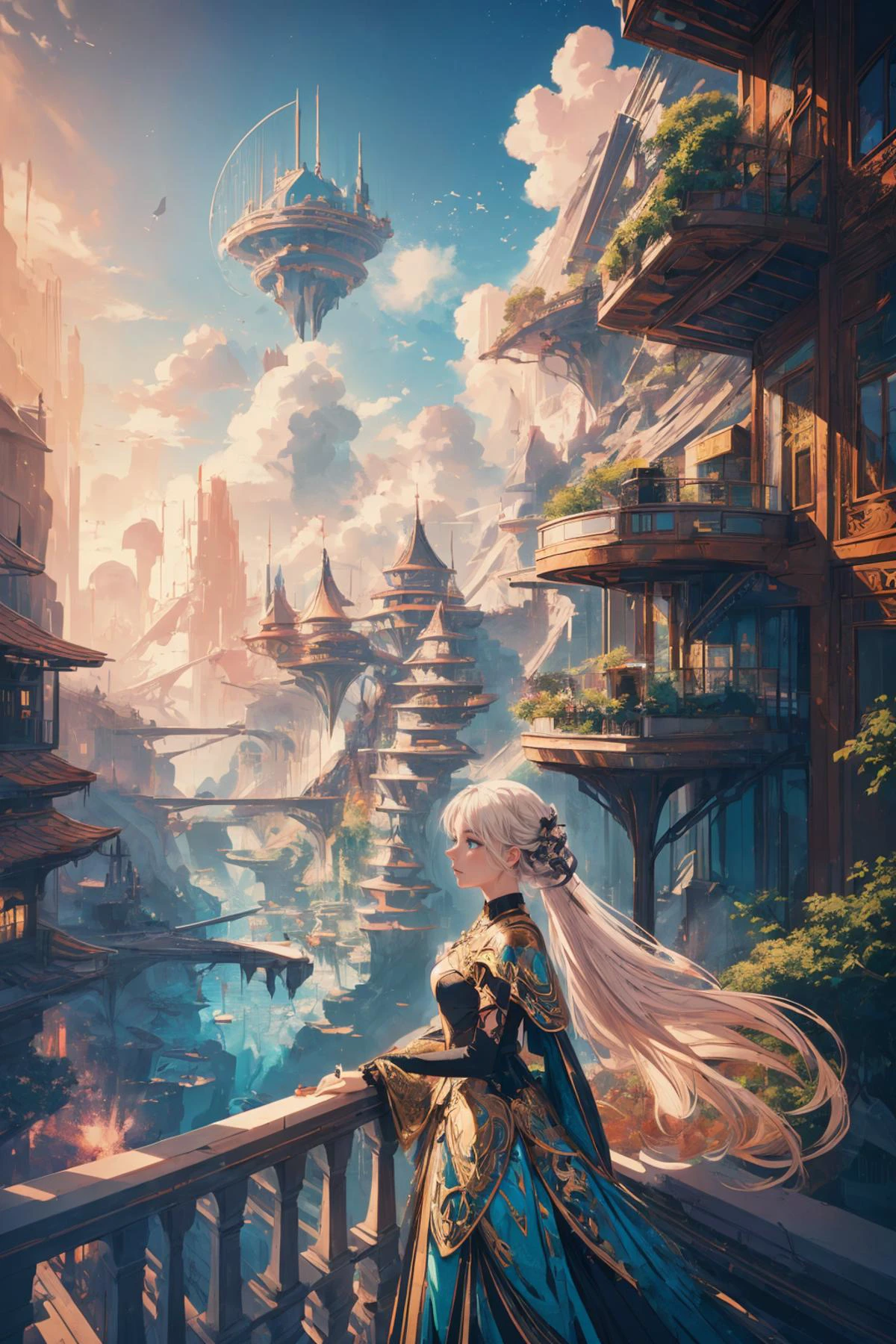 (Colored Pencil Art, colored pencil strokes, light color, visible paper texture, colored pencil art,:1.1)
maximum details, cinematic, abstract art, dark theme, <lora:add_detail:0.5>, <lora:epi_noiseoffset2:0.5>,
1 girl, adult (elven:0.7) woman, ruby eyes, platinum blonde dutch braid,
(focus on character:1.1), portrait, solo, (full body:0.6), detailed background, detailed face, (<lora:SolarpunkAI:0.6>, green-powered, solarpunk theme:1.1), aristocratic pose, awestruck, ruling class, elegant clothing, looking up at floating (cloud city:1.1), utopian cloudtop sky-city, floating platforms, floating buildings, dome, balcony, railing, ziplines, propellers, clouds in background, sky waterfall in background, epic atmosphere,
<lora:BG2_dpep4+silicon29dim64:0.8>,