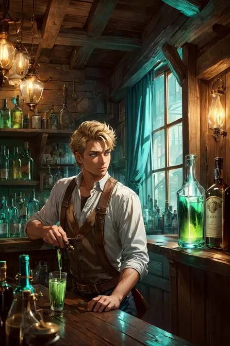 maximum details, cinematic, (abstract art:1.1), deep shadow, <lora:add_detail:0.5>, <lora:epi_noiseoffset2:0.5>,
(1man, thin adult male:1.2), turquoise eyes, natural blonde hair, taper fade,
solo, upper body, looking away, detailed background, detailed face, (<lora:AbsinthePunkAI:0.5>, AbsinthePunkAI theme:1.1) bartender, simple white clothes, rustic tavern interior in background, worn out wooden beams, mold, clutter, banners, drinking horn, fantasy atmosphere,