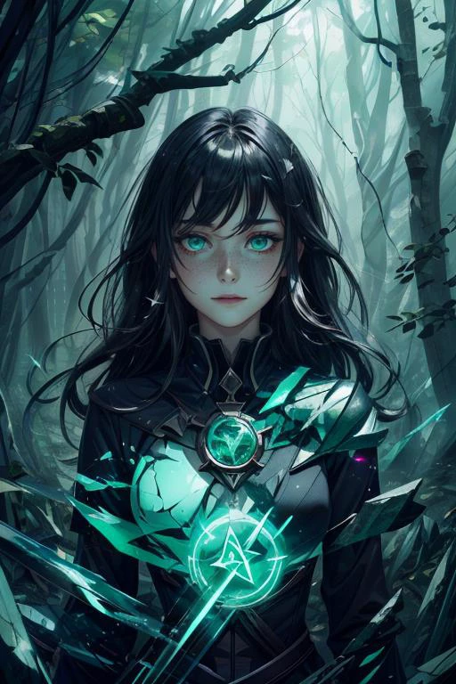 maximum details, cinematic, abstract art, dark theme, deep shadow, <lora:add_detail:0.5>, <lora:epi_noiseoffset2:0.5>,
1 girl, adult (elven:0.7) woman, freckles, jade eyes, chestnut wavy hair,
Style-GravityMagic, portrait, solo, upper body, looking away, detailed background, detailed face, (<lora:FragRealityTech:0.6>, shattered warped reality, fragrealitytech theme:1.1) acid-wizard, mage clothes, evil smile, glowing eyes, vivid green color scheme, green eyes, green clothes, green lights, green spell, green gas, pale skin, poisoned dagger, glowing markings on body, glowing alchemical runes, biohazard symbol, floating particles, glowing poison running through veins, surrounded by noxious smoke, dark forest in background, fantasy atmosphere,