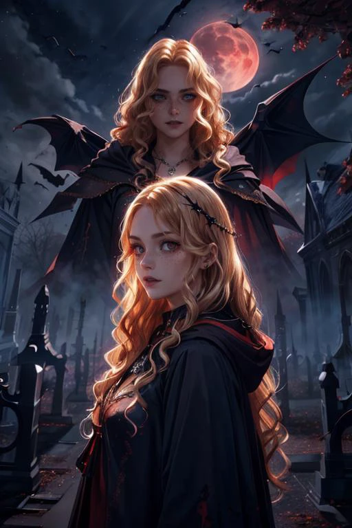 maximum details, cinematic, abstract art, deep shadow, <lora:add_detail:0.5>, <lora:epi_noiseoffset2:0.5>,
1 girl, adult (elven:0.7) woman, freckles, coral eyes, natural blonde wavy hair,
portrait, solo, (full body:0.6), looking down, detailed background, detailed face, (high fantasy medieval theme:1.1) vampire, piercing gaze, bloodthirsty, vampire fangs, tattered vampire clothes, hooded, high collars, necklace, dynamic pose, dark expression, blood stains, supernatural abilities, 2.0::bats in background, graveyard in background, red moon, moonlit sky, shadows, eerie atmosphere,
<lora:NebulaDream_v1:0.5>,