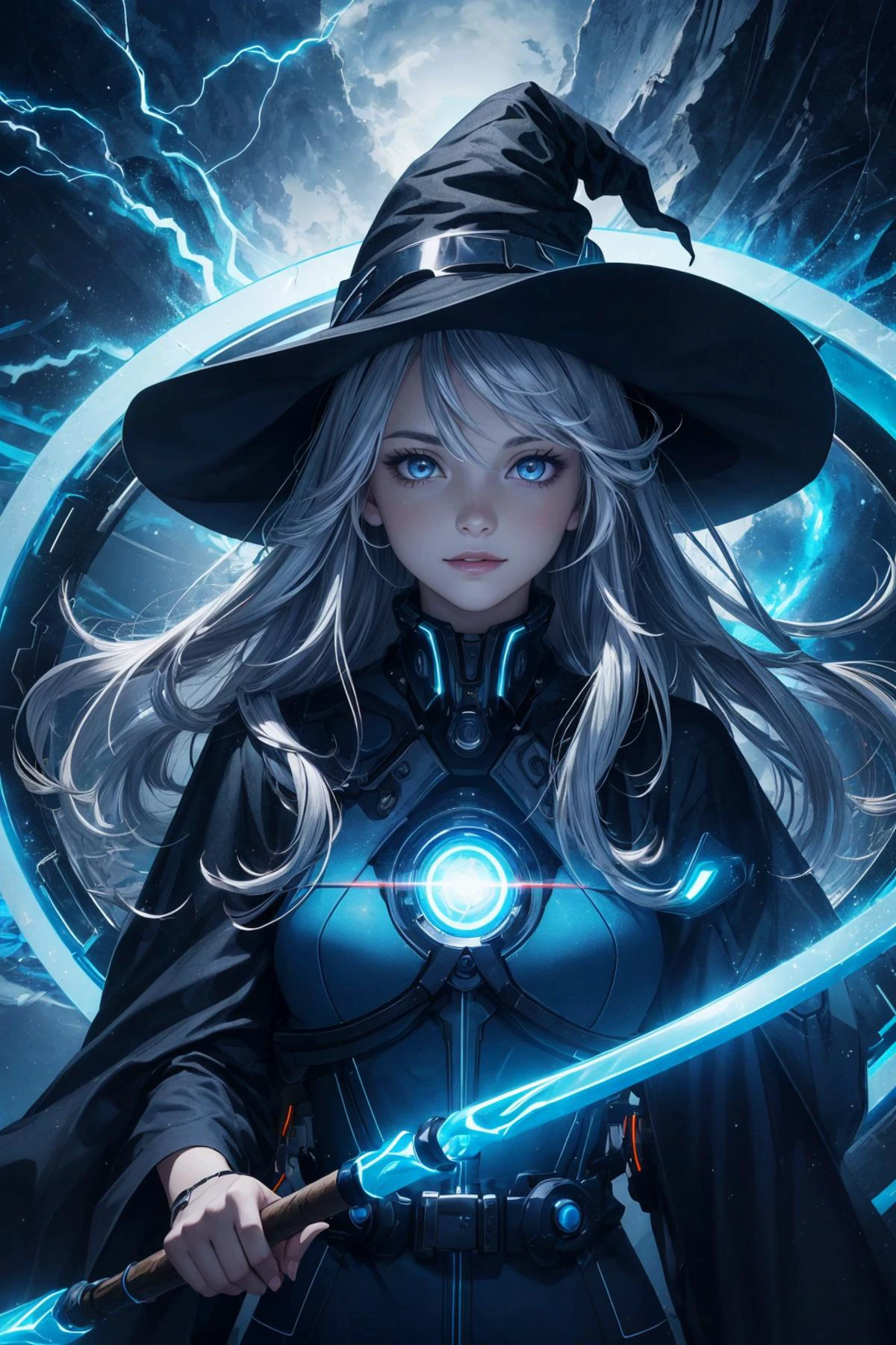 maximum details, cinematic, abstract art, dark theme, stylized, deep shadow, <lora:add_detail:0.5>, <lora:epi_noiseoffset2:0.5>,
1 girl, adult woman, grey-blue eyes, silver beach waves hair, ombre,
<lora:GoodHands-beta2:0.8>,
Style-GravityMagic, portrait, looking at viewer, solo, (full body:0.6), detailed background, (high-tech digital futuristic sci-fi scientific technology theme:1.1), light smile, witch hat, witch, (glowing eyes:1.1), hair flowing in the wind, blue trimmed light colored clothes, casting spell, clouded background, arcane glowing staff, colorful whirlwind of glowing lightning in the air, swirling portal, fog, magical atmosphere,