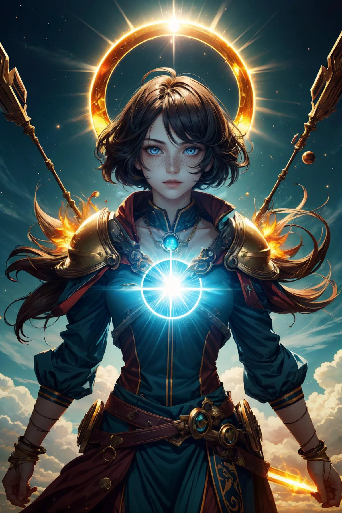 maximum details, cinematic, (abstract art:1.1), dark theme, stylized, deep shadow, <lora:add_detail:0.5>, <lora:epi_noiseoffset2:0.5>,
1 girl, adult (elven:0.7) woman, freckles, light blue eyes, dark red blowout hair,
portrait, solo, (full body:0.6), looking down, detailed background, detailed face, (<lora:ExoBioTech:0.6> scifi, exobiotech theme:1.1), solar-sorcerer, bringer of the light, bright colors, wearing gold trimmed yellow mage clothes, blazing fury of the sun, blazing necklace of helios, enchatned staff of solar power, glowing with the power of a thousand suns, , sun worship, solar eclipse in background, solar reflections, clouds parting, ethereal atmosphere,