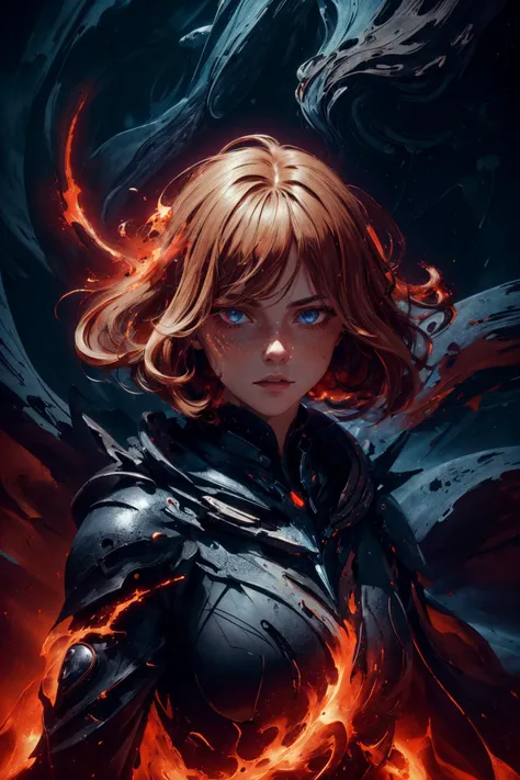 maximum details, cinematic, (abstract art:1.1), dark theme, deep shadow, <lora:add_detail:0.5>, <lora:epi_noiseoffset2:0.5>,
1 girl, adult (elven:0.7) woman, freckles, coral eyes, natural blonde medium hair,
portrait, solo, half shot, detailed background, detailed face, (<lora:MagmaTech:0.5>, lava, MagmaTech theme:1.1), (glowing eyes:1.05), angry expression, dark warrior, unholy, red clothes, plated armor, cape, evil royal black crown, floating particles, embers, vultures in background, dark tower in background, shadowy dark sinister atmosphere,
<lora:NebulaDream_v1:0.5>,
