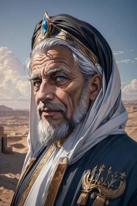 maximum details, cinematic, abstract art, dark theme, stylized, deep shadow, <lora:add_detail:0.5>, <lora:epi_noiseoffset2:0.5>,
(1man, wrinkled face, old polish male:1.2), wise,  grey-blue eyes, platinum blonde hair, sideburns, 
<lora:GoodHands-beta2:0.8>,
 portrait, solo, upper body, looking at viewer, detailed background, detailed face, (renaissance theme:1.1) middle-eastern desert sultan, light blue persian garments,  regal headdress, tribal motifs, walking, smirk, persian culture, grand mosque in background, light clouds, night sky, dry climate, fantasy atmosphere,